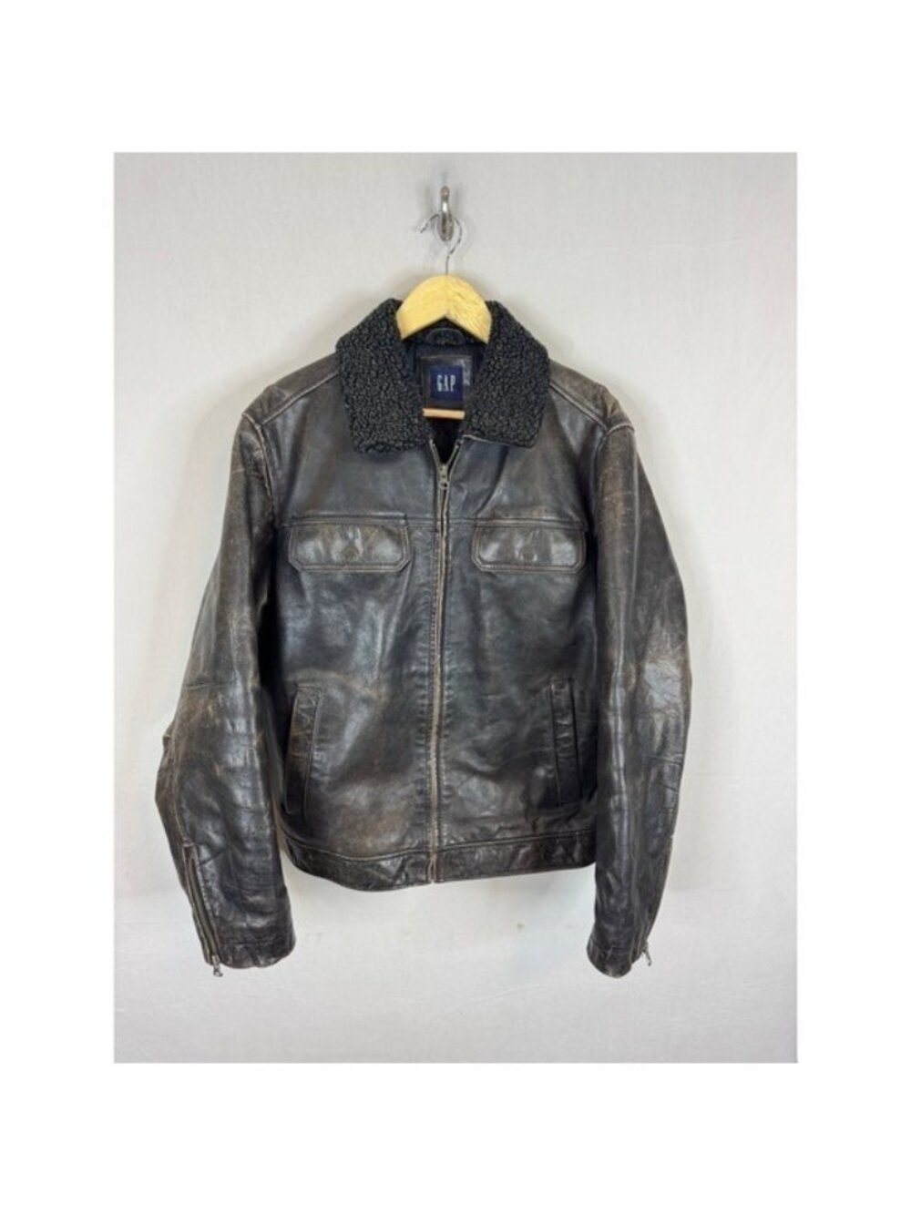 GAP 90s Mens Vintage Distressed Brown Cow Leather Sherpa Collar Bomber Jacket M